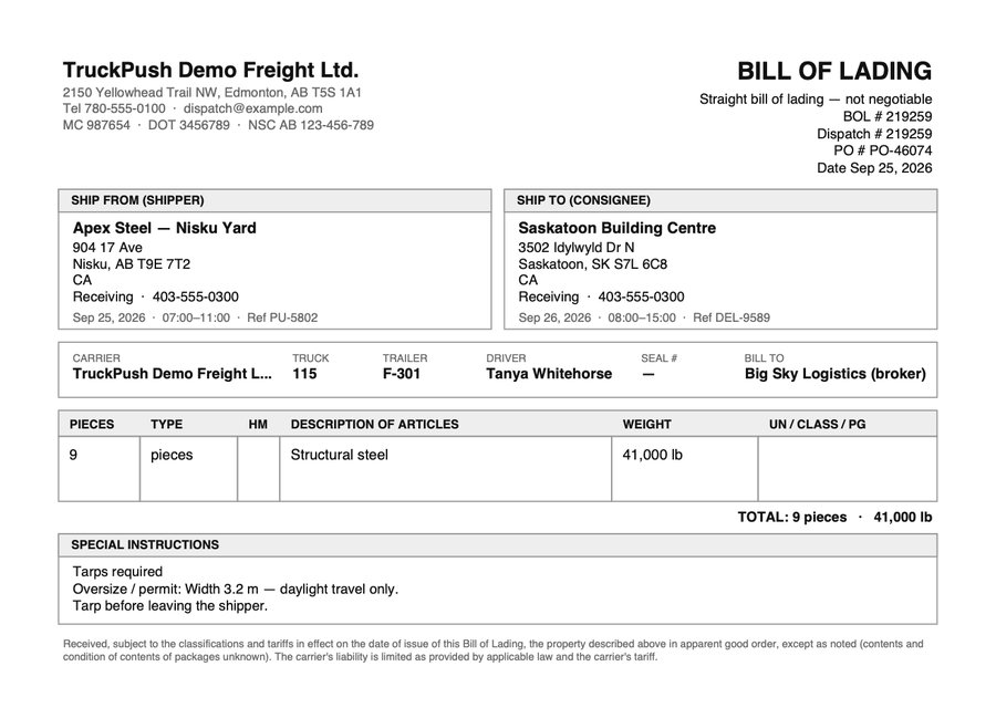 A bill of lading made by TruckPush