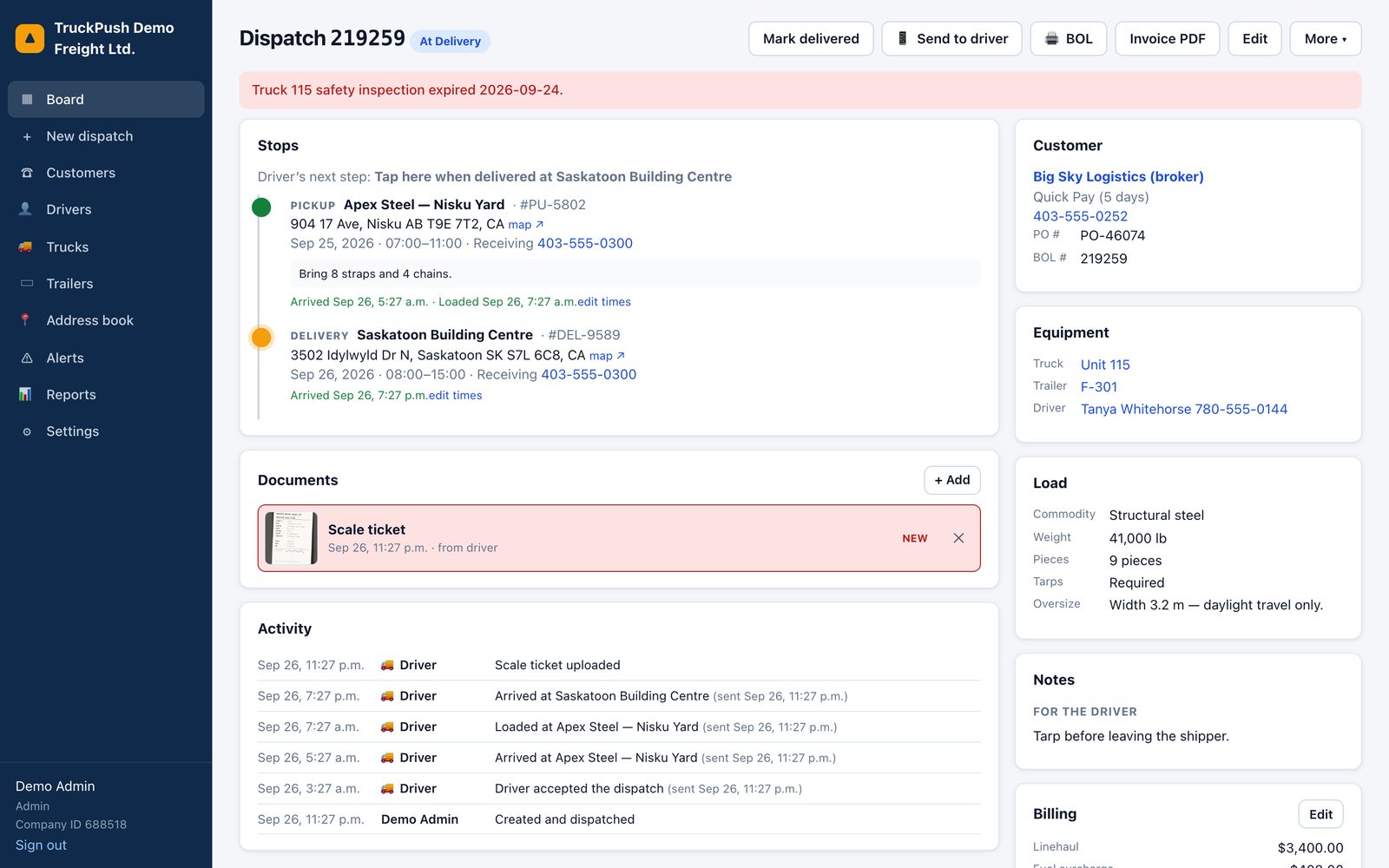 A dispatch at delivery: stops with arrival times, a scale ticket from the driver to review, and the activity log