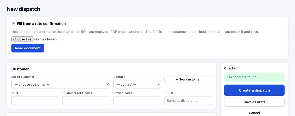 The new dispatch form with the Fill from a rate confirmation upload at the top