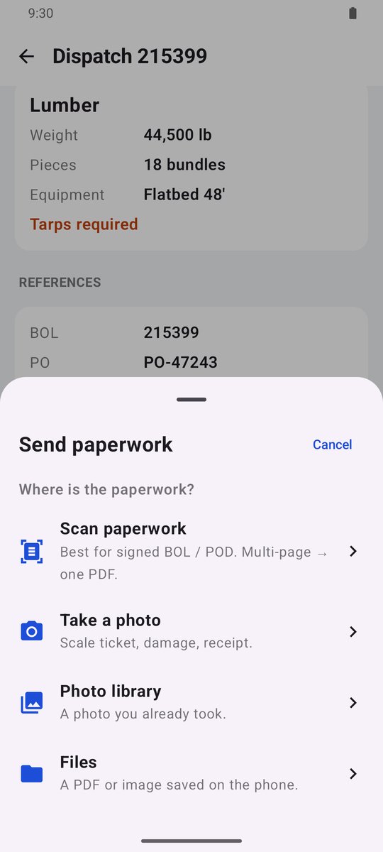 Sending paperwork: scan a document, take a photo or choose a file