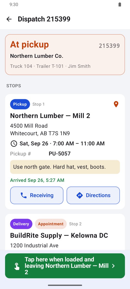 The driver app showing a load at pickup, with the next step as one big button