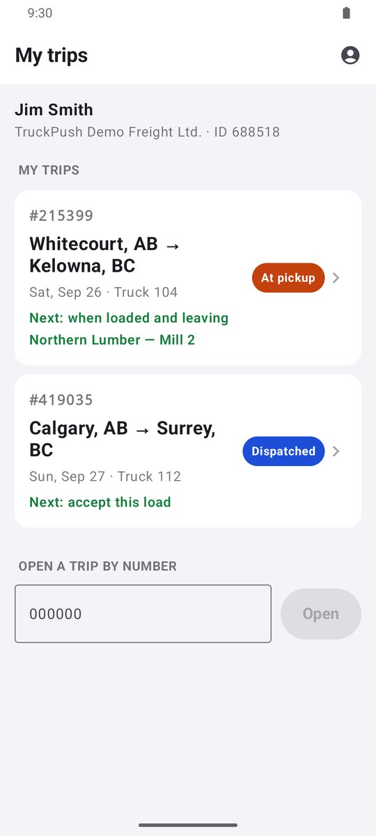 My trips: the loads assigned to the driver, with the next step for each